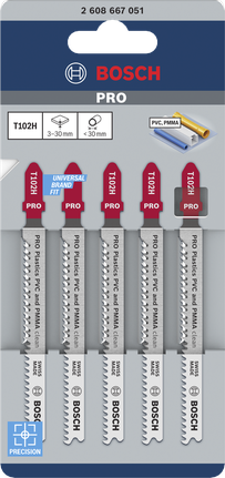 Listi za vbodno žago Bosch PRO Plastics T102H za PVC in PMMA, pakiranje po 5 kosov.